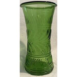 10" Vintage emerald green glass large flower vase MCM art deco pattern